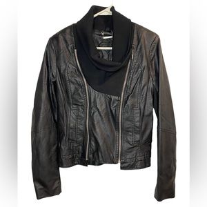 JouJou Black Faux Leather Moto Bomber Jacket Knit Cowl Neck Mob Wife Size Medium